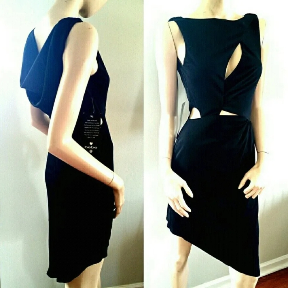mid length bebe silky black dress, clings in all the right places.